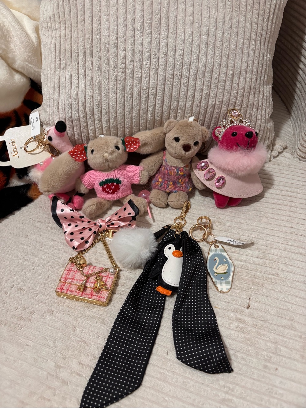 Plush Keychain Lot with Cute Animal Charms — Pink, Beige, Black